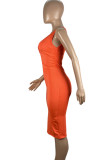 Orange Sexy Solid Color Backless Ruched Patchwork Deep V Neck Wrapped Skirt Dresses
