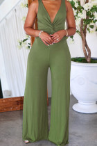 Green Casual Solid Color Patchwork V Neck Jumpsuits