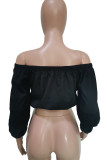 Black Casual Solid Color Backless Patchwork Off Shoulder Tops