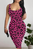 Red Sexy Leopard Print Patchwork U Neck Wrapped Skirt Dresses