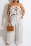 Cream White Sexy Casual Solid Color Hollow Out Lace Up Backless Strapless Sleeveless Two Pieces