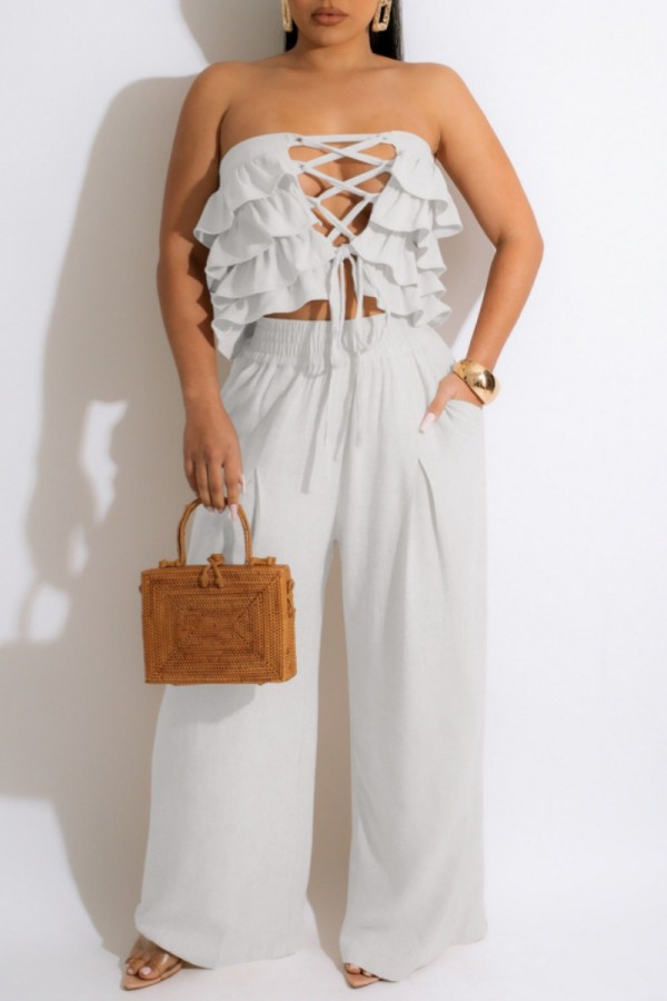Cream White Sexy Casual Solid Color Hollow Out Lace Up Backless Strapless Sleeveless Two Pieces