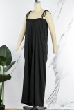 Black Casual Solid Color Lace Up Backless Spaghetti Strap Loose Jumpsuits