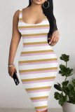 Brown Casual Stripe Patchwork U Neck Wrapped Skirt Dresses