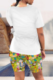 White Casual Daily Cartoon Print O Neck Short Sleeve Two Pieces