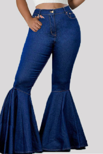 Blue Casual Solid Color Lace Up High Waist Boot Cut Denim Jeans
