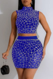 Black Sexy See-Through Hot Drill Patchwork Half A Turtleneck Sleeveless Two Pieces