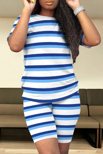 Dark Blue Casual Stripe Patchwork O Neck Short Sleeve Two Pieces