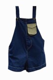 Blue Casual Patchwork Pocket Backless Spaghetti Strap Sleeveless Regular Denim Romper