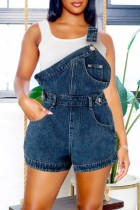 Blue Casual Pocket Backless Irregular Spaghetti Strap Sleeveless High Waist Denim Romper