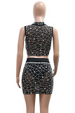 Black Sexy See-Through Hot Drill Patchwork Half A Turtleneck Sleeveless Two Pieces