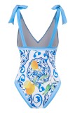 Blue Sexy Print Lace Up Backless Swimwears (With Paddings)