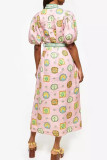 Pink Celebrities Print Pocket Buckle Strap Design Patchwork O Neck Long Dresses