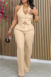 Khaki Casual Solid Color Backless Halter Sleeveless Two Pieces