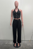 Khaki Casual Solid Color Backless Halter Sleeveless Two Pieces