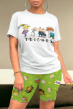 Fluorescent Green Casual Daily Cartoon Print O Neck Short Sleeve Two Pieces