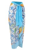 Blue Sexy Print Lace Up Backless Swimwears (With Paddings)