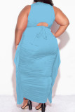 Light Blue Casual Solid Fold Plus Size Two Pieces