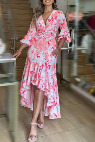 Multicolor Casual Print V Neck Irregular Dresses