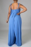 Black Casual Solid Color Lace Up Backless Spaghetti Strap Loose Jumpsuits