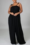 Black Casual Solid Color Lace Up Backless Spaghetti Strap Loose Jumpsuits