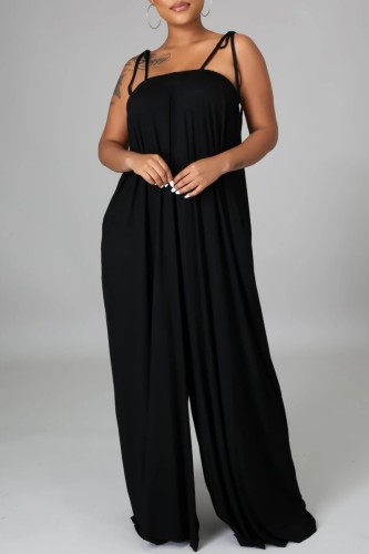 Black Casual Solid Color Lace Up Backless Spaghetti Strap Loose Jumpsuits