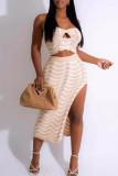 Green Celebrities Stripe Hollow Out Backless High Slit Patchwork Strapless Sleeveless Two Pieces