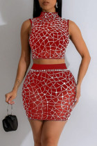 Red Sexy See-Through Hot Drill Patchwork Half A Turtleneck Sleeveless Two Pieces