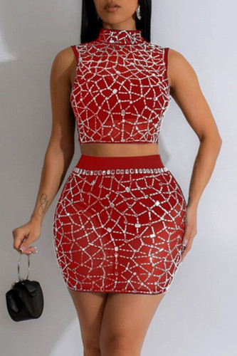 Red Sexy See-Through Hot Drill Patchwork Half A Turtleneck Sleeveless Two Pieces