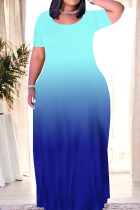 Cyanine Elegant Gradient Patchwork O Neck Long Dresses