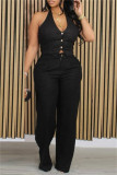 Khaki Casual Solid Color Backless Halter Sleeveless Two Pieces