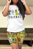 Green Casual Daily Cartoon Print O Neck Short Sleeve Two Pieces
