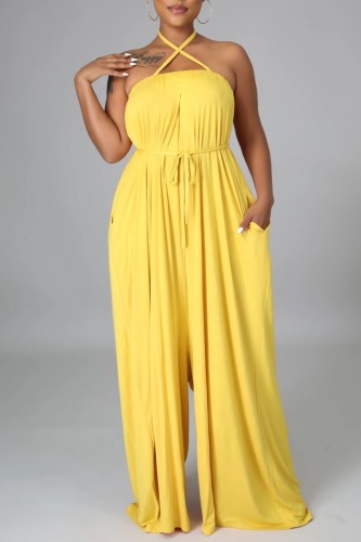 Yellow Casual Solid Color Lace Up Backless Spaghetti Strap Loose Jumpsuits
