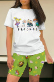 Fluorescent Green Casual Daily Cartoon Print O Neck Short Sleeve Two Pieces