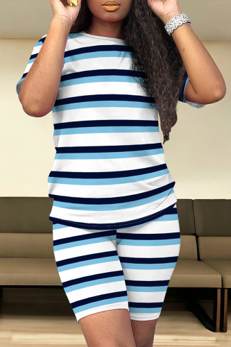 Tibetan Blue Casual Stripe Patchwork O Neck Short Sleeve Two Pieces