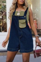 Blue Casual Patchwork Pocket Backless Spaghetti Strap Sleeveless Regular Denim Romper