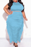 Light Blue Casual Solid Fold Plus Size Two Pieces