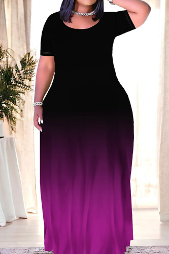 Black Purple Elegant Gradient Patchwork O Neck Long Dresses