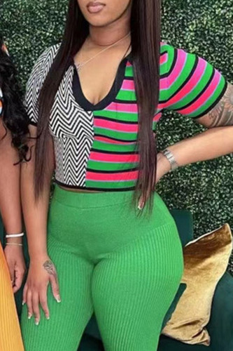 Green Casual Stripe Patchwork V Neck T-Shirts
