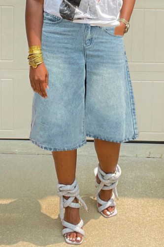 Light Blue Casual Solid Color Pocket High Waist Regular Denim Shorts