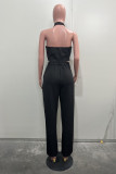 Khaki Casual Solid Color Backless Halter Sleeveless Two Pieces