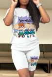 White Casual Daily Cartoon Print O Neck Short Sleeve Two Pieces