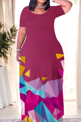 Deep Red Casual Geometric Print Patchwork O Neck Straight Dresses