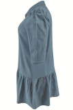 Deep Blue Casual Solid Color Ruched Patchwork Turndown Collar Straight Plus Size Dresses