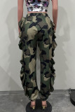 Pink Street Camouflage Print Pocket Ruffled Trim Loose High Waist Cargo Pants