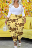 Pink Street Camouflage Print Pocket Ruffled Trim Loose High Waist Cargo Pants