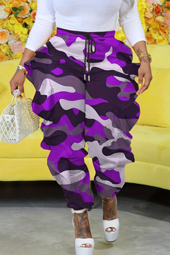Purple Street Camouflage Print Pocket Ruffled Trim Loose High Waist Cargo Pants