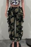 Pink Street Camouflage Print Pocket Ruffled Trim Loose High Waist Cargo Pants