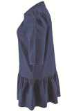 Deep Blue Casual Solid Color Ruched Patchwork Turndown Collar Straight Plus Size Dresses