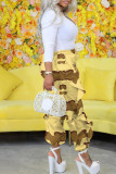 Pink Street Camouflage Print Pocket Ruffled Trim Loose High Waist Cargo Pants